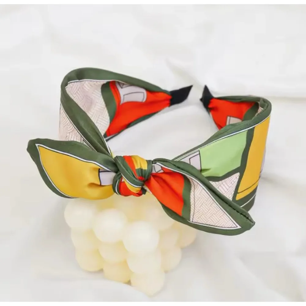 Women's Yellow &‎ Green Silk Printed Bow Headband Wide